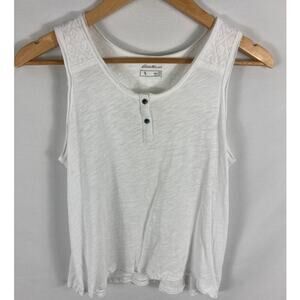 Eddie Bauer Crochet Embroidered Shoulder Button V Neck White Tank Size XS